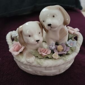 Suberto Collection "You've Got A Friend"  Musical Porcelain Puppies in Basket